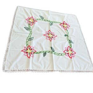 Floral Embroidered Vintage Tablecloth with Lace Trim 37” x 40”